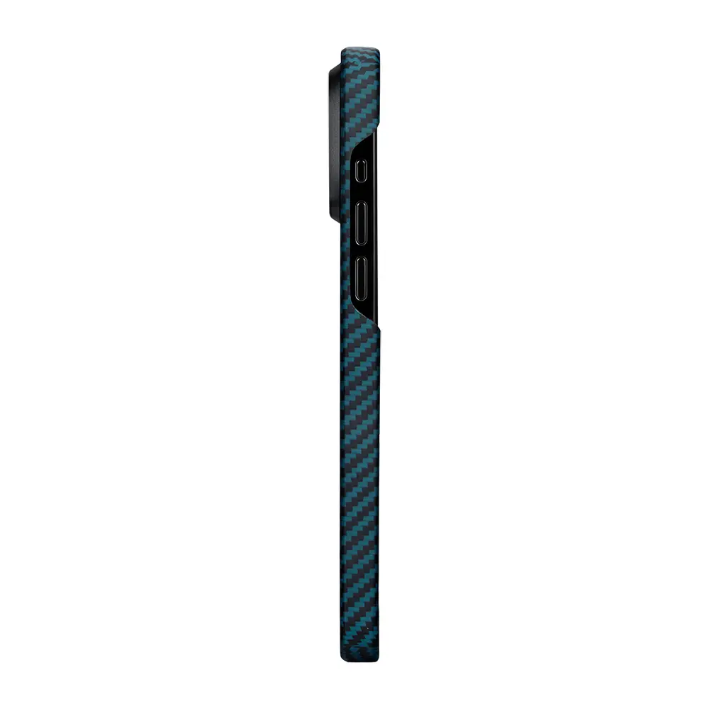 Apple iPhone 15 Pro Kılıf M-safe Şarj Özellikli 1500D Aramid Karbon Fiber Pitaka Ultra-Slim Classic Serisi Black-Blue Twill Kapak
