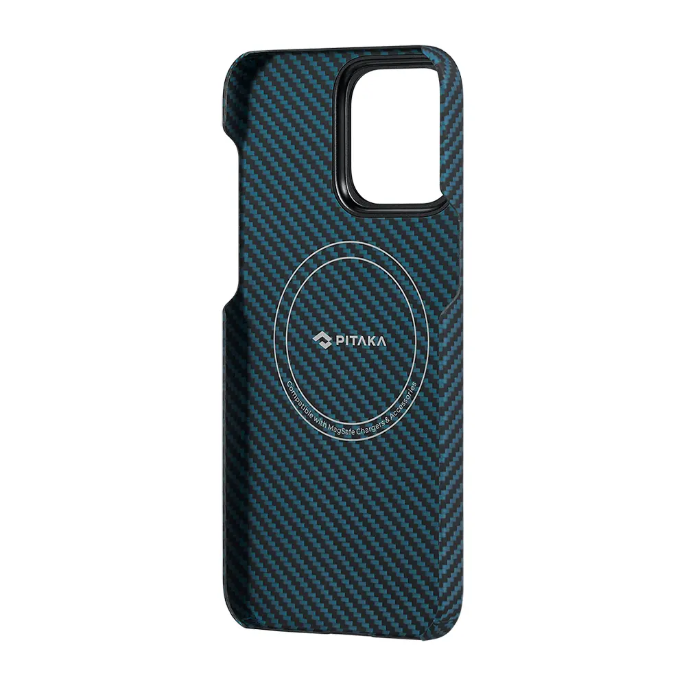 Apple iPhone 15 Pro Kılıf M-safe Şarj Özellikli 1500D Aramid Karbon Fiber Pitaka Ultra-Slim Classic Serisi Black-Blue Twill Kapak