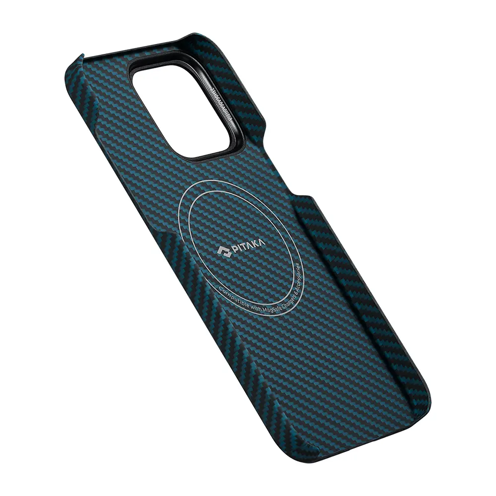 Apple iPhone 15 Pro Kılıf M-safe Şarj Özellikli 1500D Aramid Karbon Fiber Pitaka Ultra-Slim Classic Serisi Black-Blue Twill Kapak