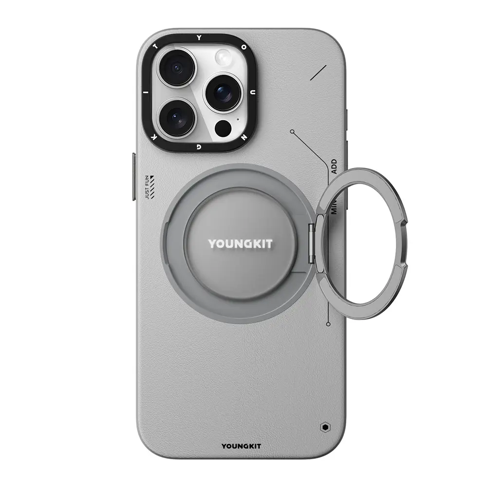 iPhone 15 Pro MagSafe Uyumlu 360° Standlı Mat Deri Kılıf - Youngkit Tech Leather