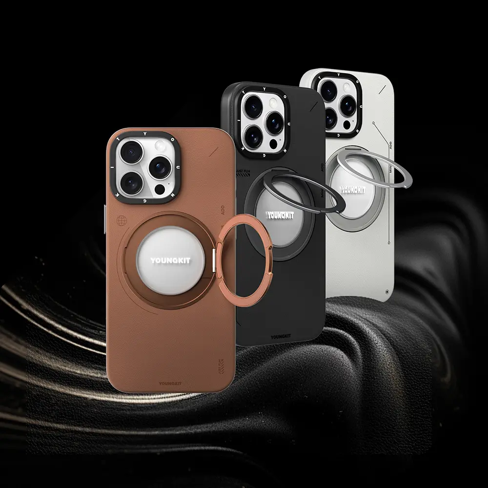 iPhone 15 Pro MagSafe Uyumlu 360° Standlı Mat Deri Kılıf - Youngkit Tech Leather