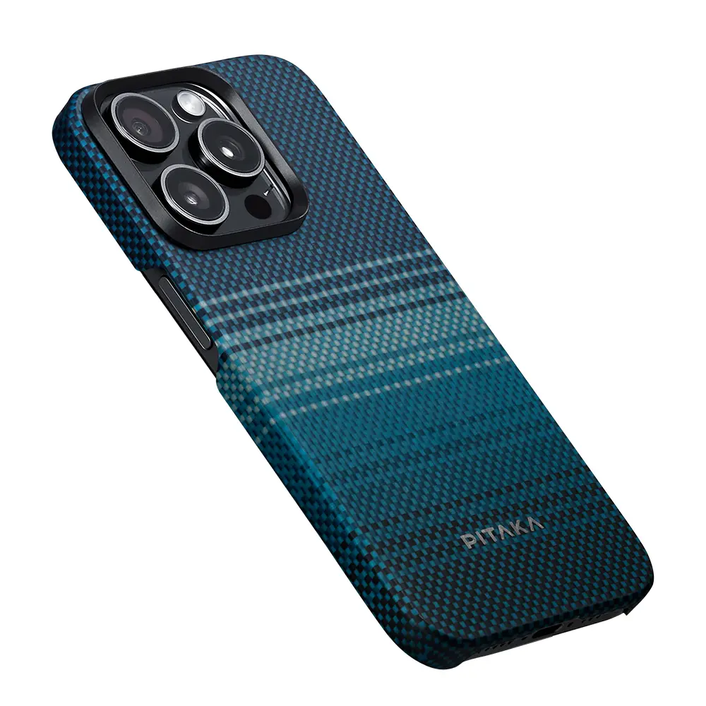 Apple iPhone 15 Pro Kılıf M-safe Şarj Özellikli Aramid Karbon Fiber Pitaka Tactile Woven Sunset-Moonrise Serisi Moonrise Kapak
