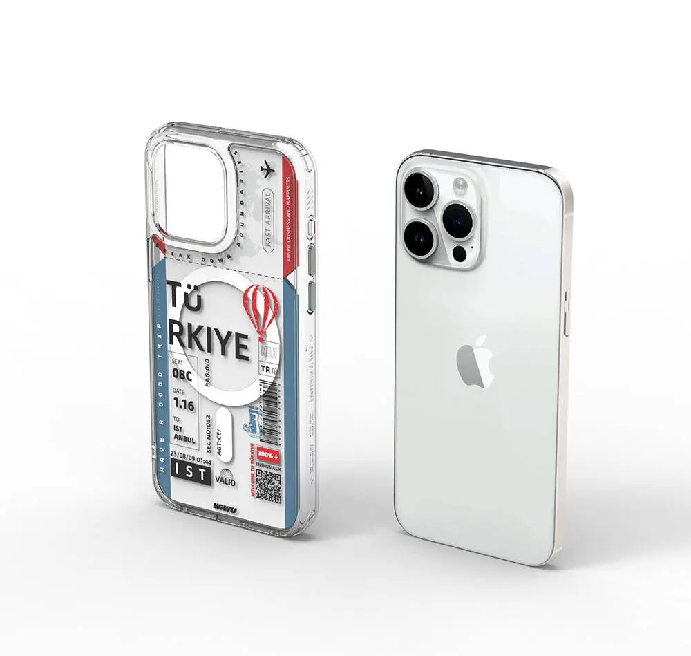 Apple iPhone 15 Pro Kılıf M-safe Şarj Özellikli Bilet Desenli Wiwu Turkey B Serisi Kapak