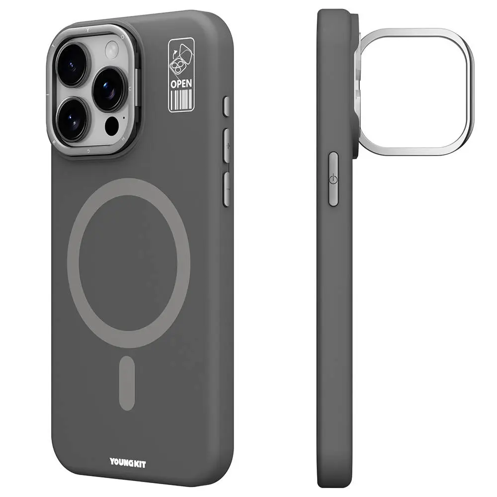 iPhone 15 Pro MagSafe Uyumlu Kamera Standlı Silikon Kılıf - Youngkit Bitty Cream