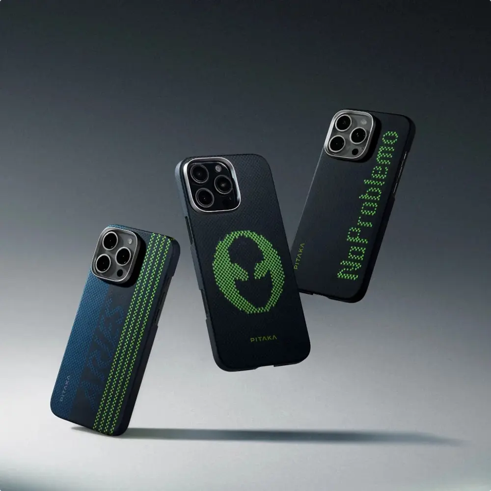 Apple iPhone 15 Pro Kılıf M-safe Şarj Özellikli Lumintex Teknolojili Fosforlu Aramid Karbon Fiber Pitaka Tactile Woven Aries Serisi Kapak