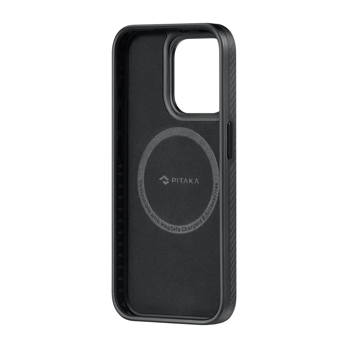 Apple iPhone 15 Pro Max Kılıf M-safe Şarj Özellikli 600D Aramid Karbon Fiber Pitaka Military-Grade Classic Serisi Black-Grey Twill Kapak