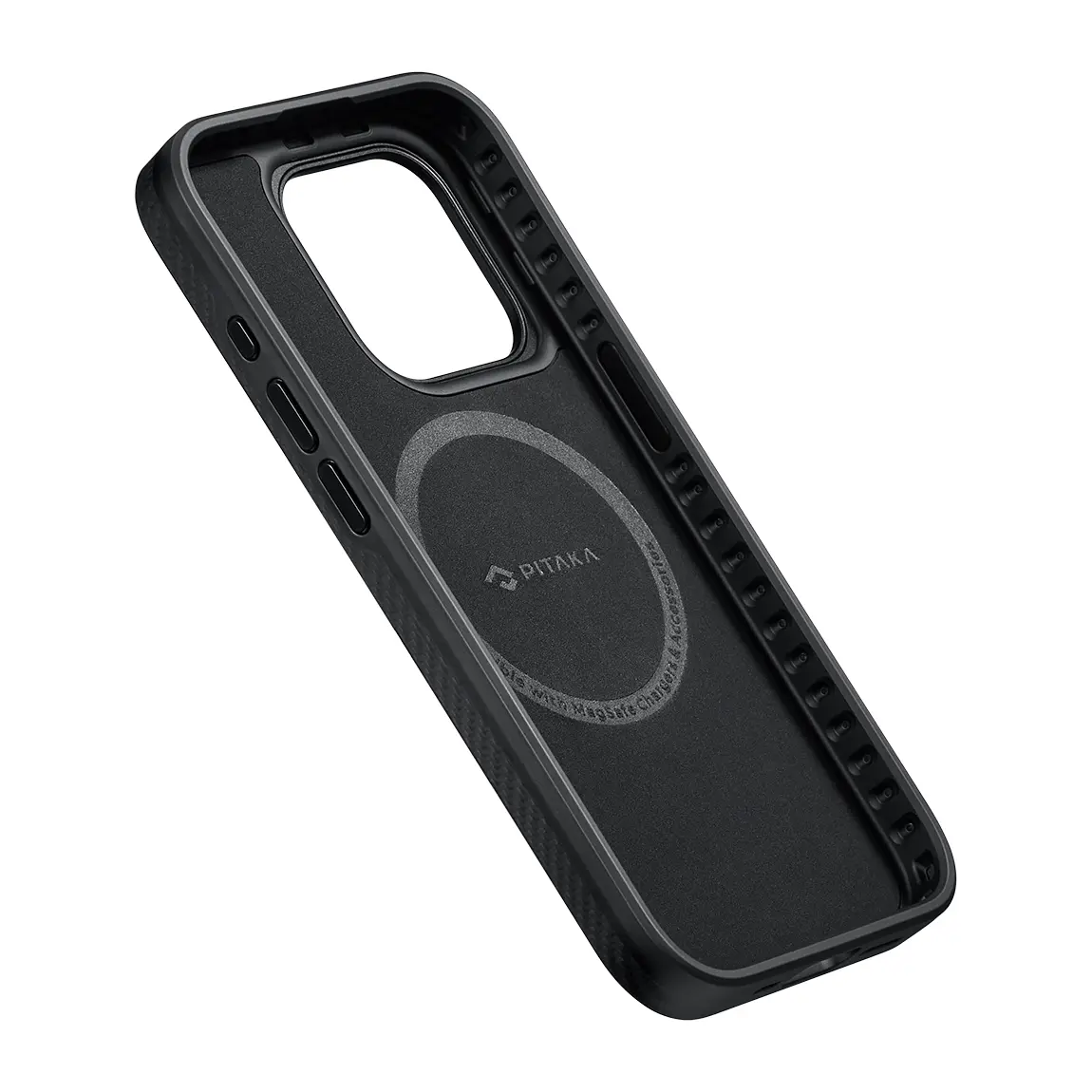 Apple iPhone 15 Pro Max Kılıf M-safe Şarj Özellikli 600D Aramid Karbon Fiber Pitaka Military-Grade Classic Serisi Black-Grey Twill Kapak