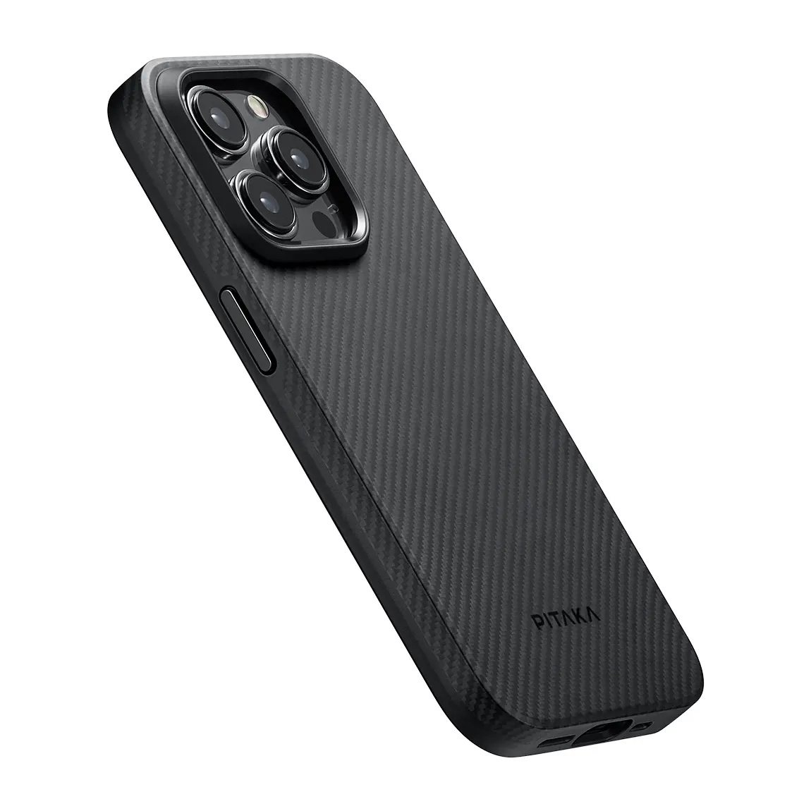 Apple iPhone 15 Pro Max Kılıf M-safe Şarj Özellikli 600D Aramid Karbon Fiber Pitaka Military-Grade Classic Serisi Black-Grey Twill Kapak