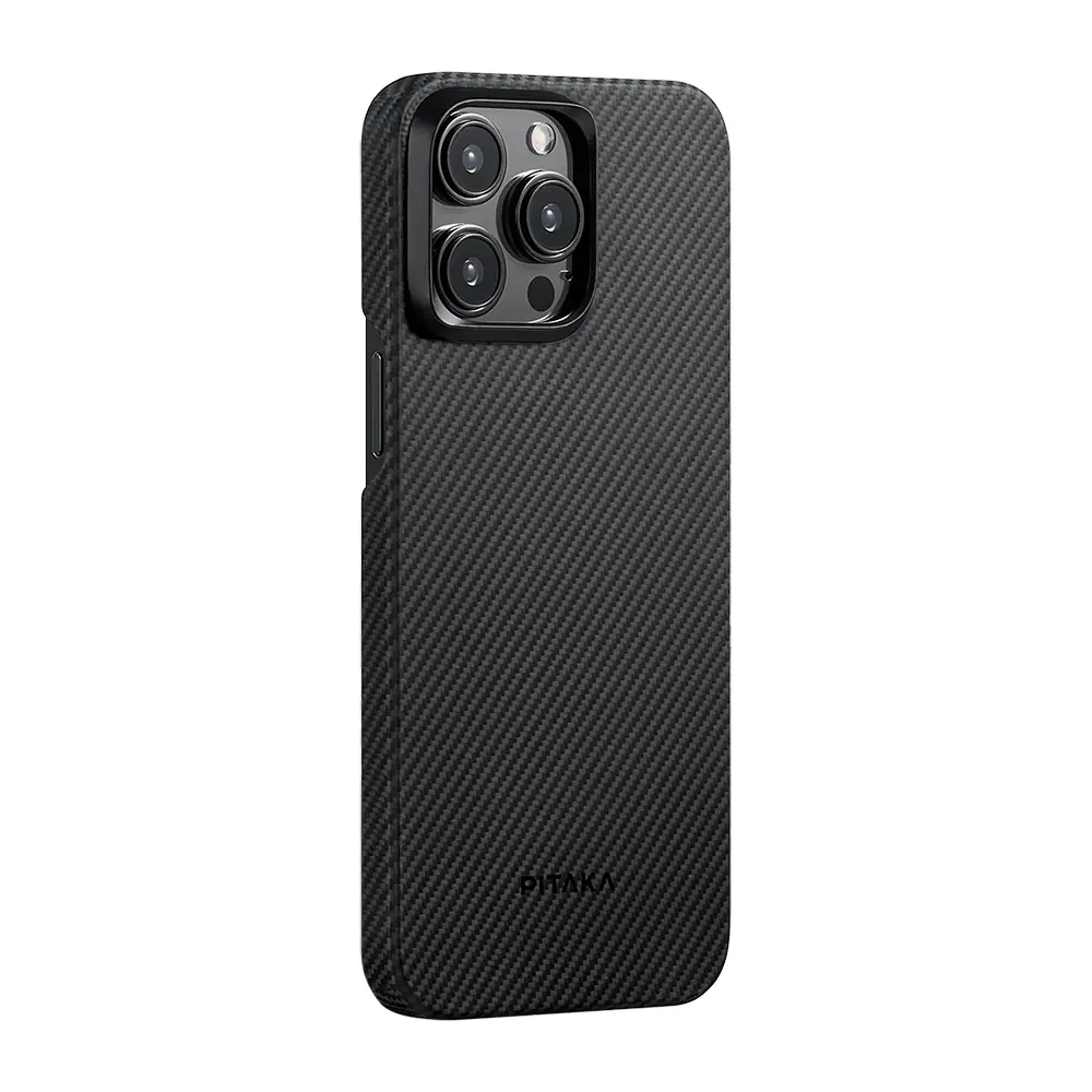 Apple iPhone 15 Pro Max Kılıf M-safe Şarj Özellikli 600D Aramid Karbon Fiber Pitaka Ultra-Slim Classic Serisi Black-Grey Twill Kapak