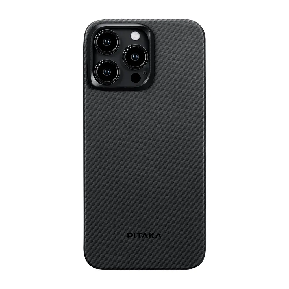 Apple iPhone 15 Pro Max Kılıf M-safe Şarj Özellikli 600D Aramid Karbon Fiber Pitaka Ultra-Slim Classic Serisi Black-Grey Twill Kapak