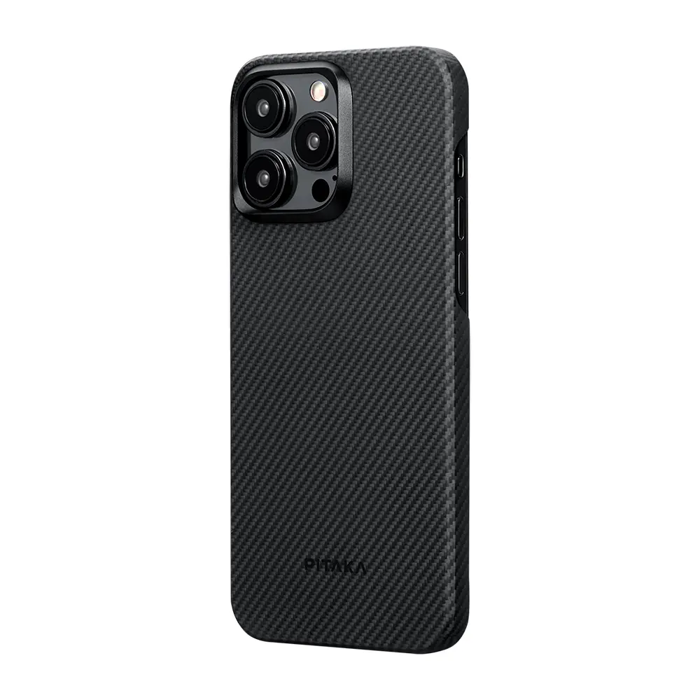 Apple iPhone 15 Pro Max Kılıf M-safe Şarj Özellikli 600D Aramid Karbon Fiber Pitaka Ultra-Slim Classic Serisi Black-Grey Twill Kapak