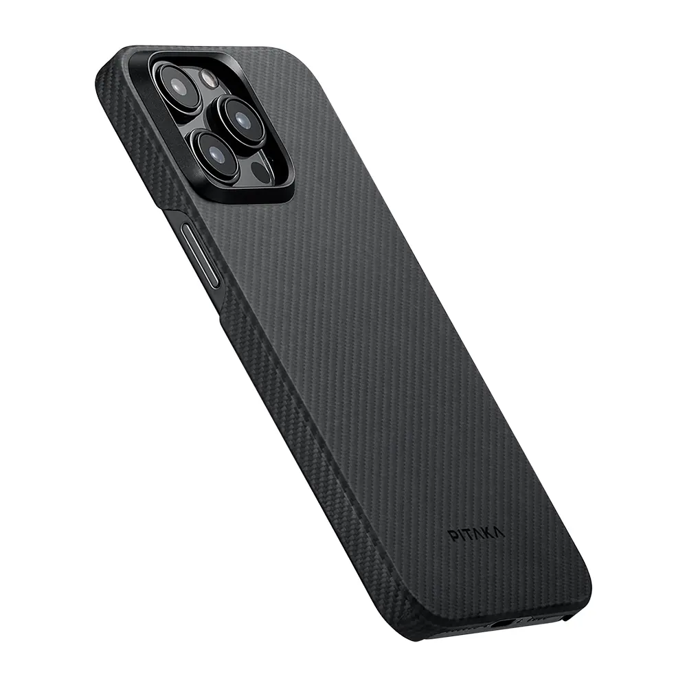 Apple iPhone 15 Pro Max Kılıf M-safe Şarj Özellikli 600D Aramid Karbon Fiber Pitaka Ultra-Slim Classic Serisi Black-Grey Twill Kapak