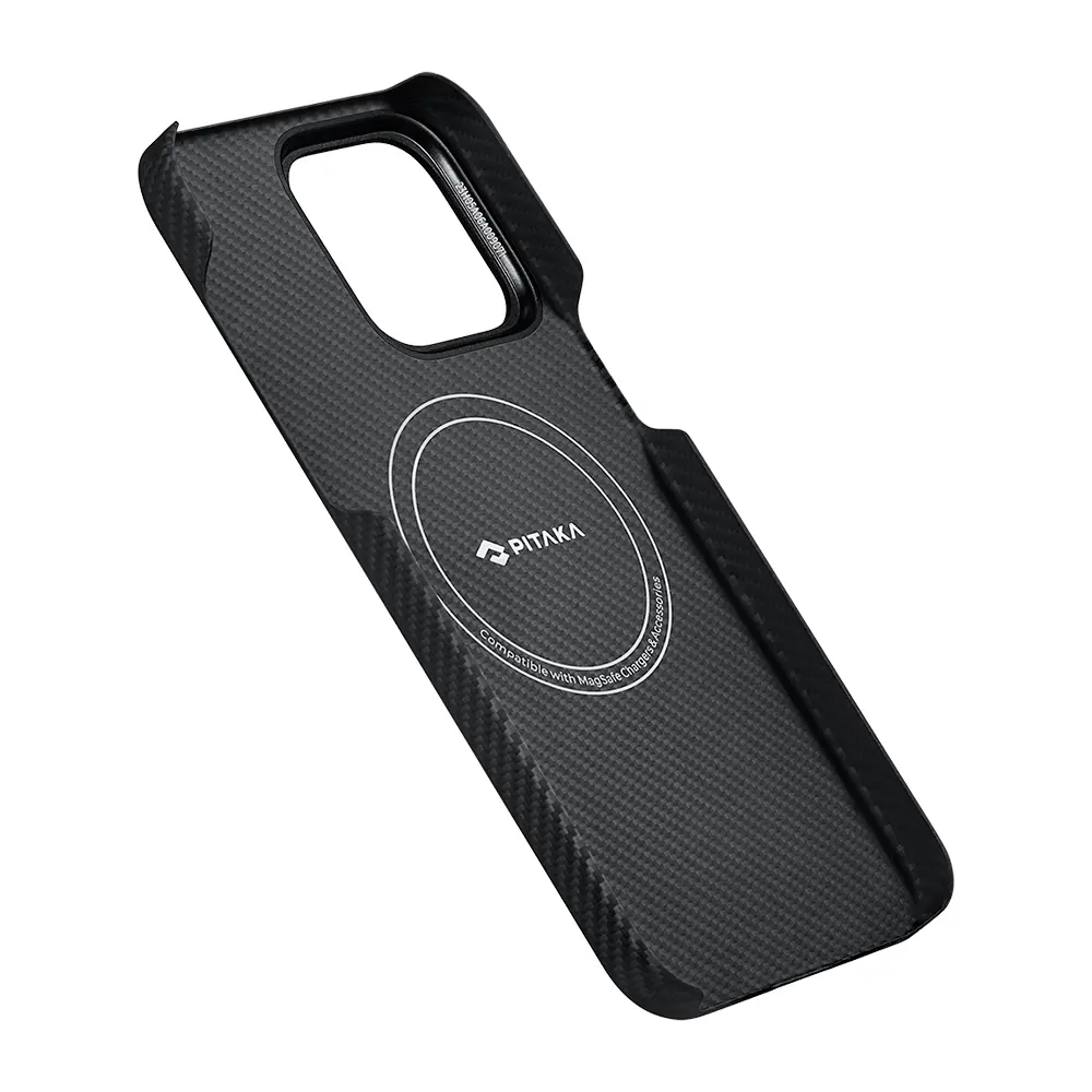 Apple iPhone 15 Pro Max Kılıf M-safe Şarj Özellikli 600D Aramid Karbon Fiber Pitaka Ultra-Slim Classic Serisi Black-Grey Twill Kapak