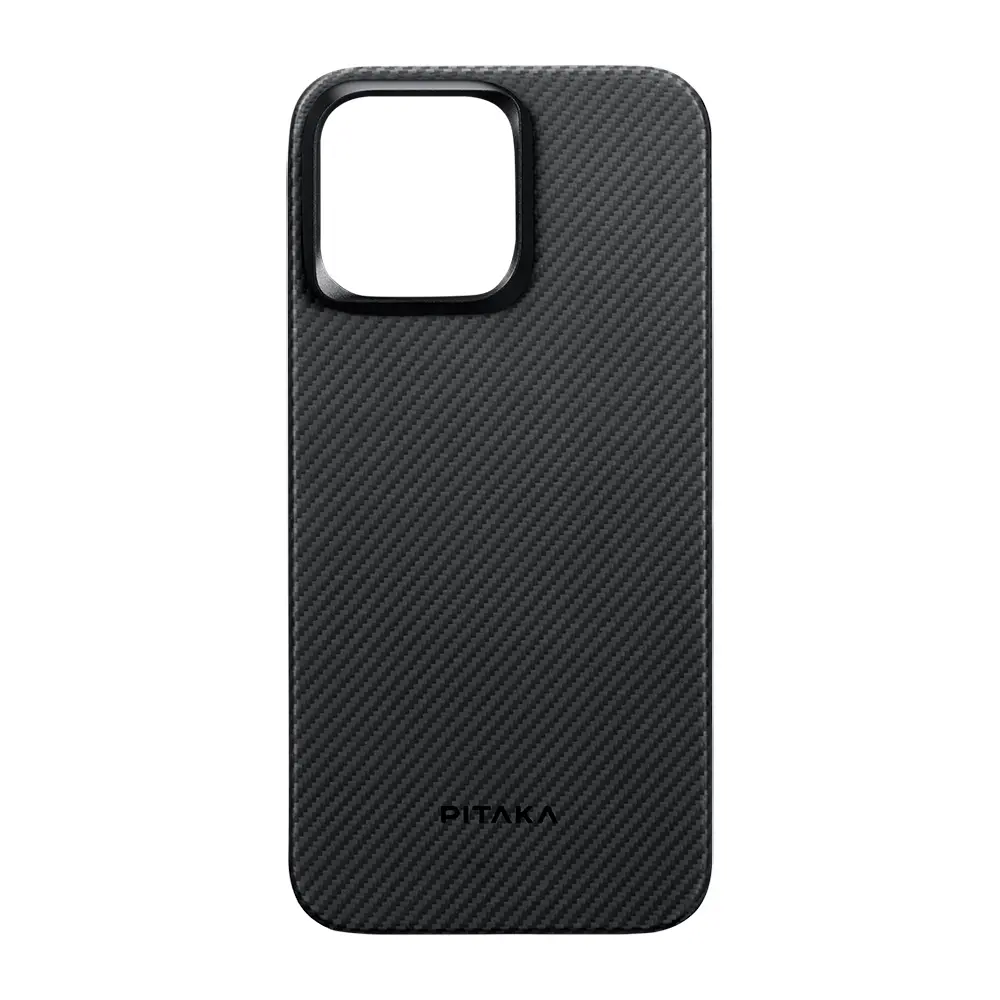 Apple iPhone 15 Pro Max Kılıf M-safe Şarj Özellikli 600D Aramid Karbon Fiber Pitaka Ultra-Slim Classic Serisi Black-Grey Twill Kapak