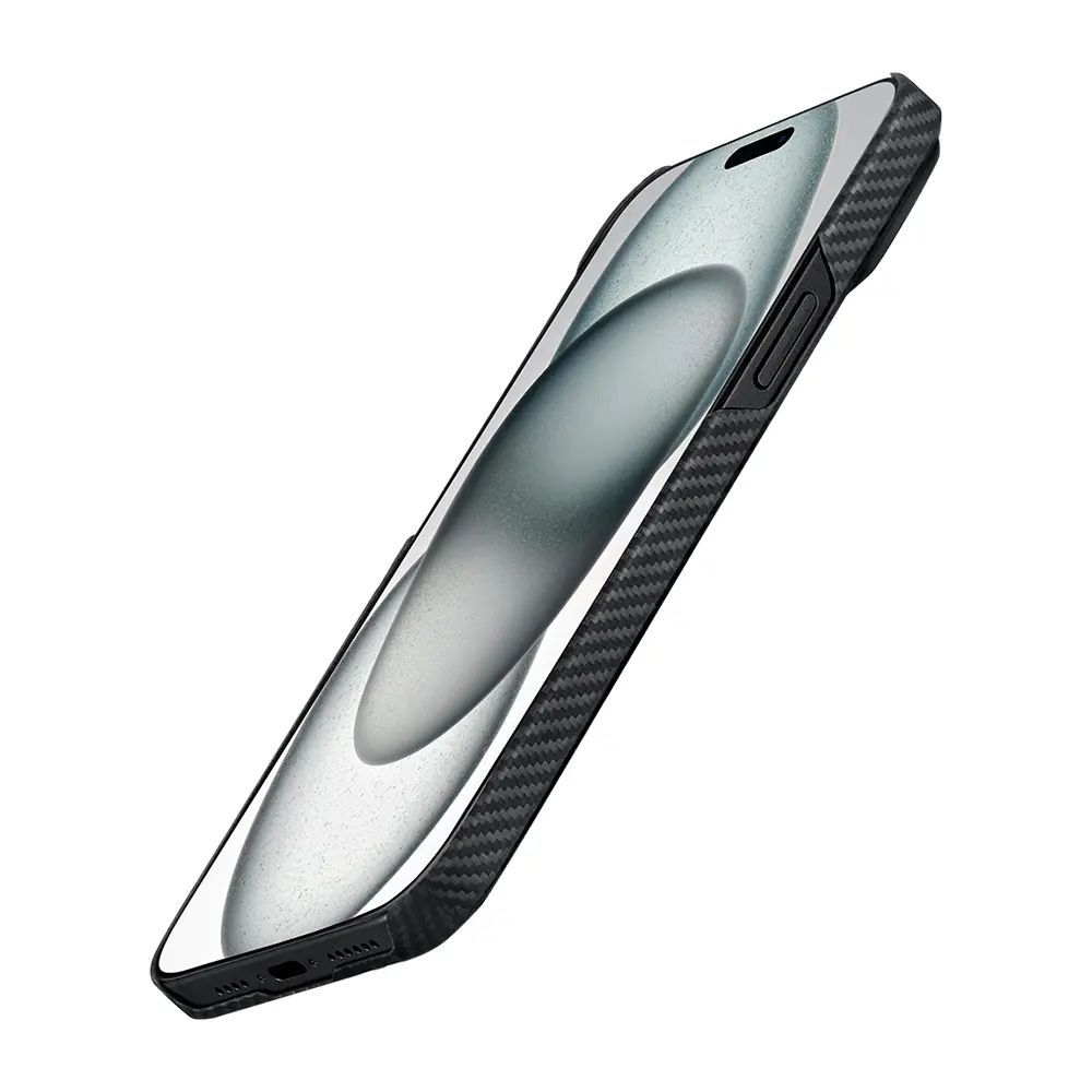 Apple iPhone 15 Pro Max Kılıf M-safe Şarj Özellikli 600D Aramid Karbon Fiber Pitaka Ultra-Slim Classic Serisi Black-Grey Twill Kapak