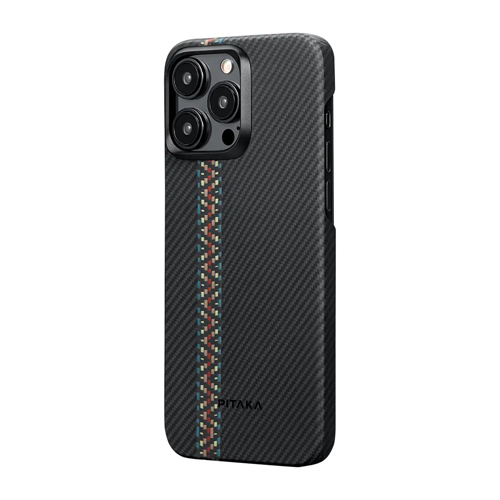 Apple iPhone 15 Pro Max Kılıf M-safe Şarj Özellikli 600D Aramid Karbon Fiber Pitaka Tactile Woven Orchestra Serisi Rhapsody Kapak