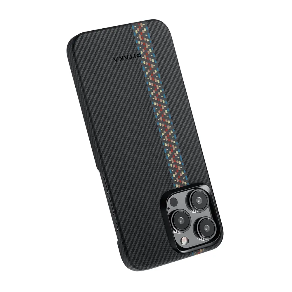 Apple iPhone 15 Pro Max Kılıf M-safe Şarj Özellikli 600D Aramid Karbon Fiber Pitaka Tactile Woven Orchestra Serisi Rhapsody Kapak