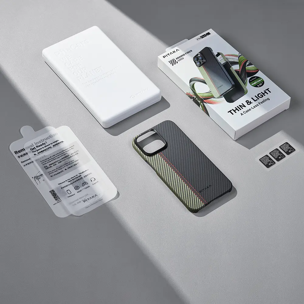 Apple iPhone 15 Pro Max Kılıf M-safe Şarj Özellikli 600D Aramid Karbon Fiber Pitaka Tactile Woven Orchestra Serisi Overture Kapak