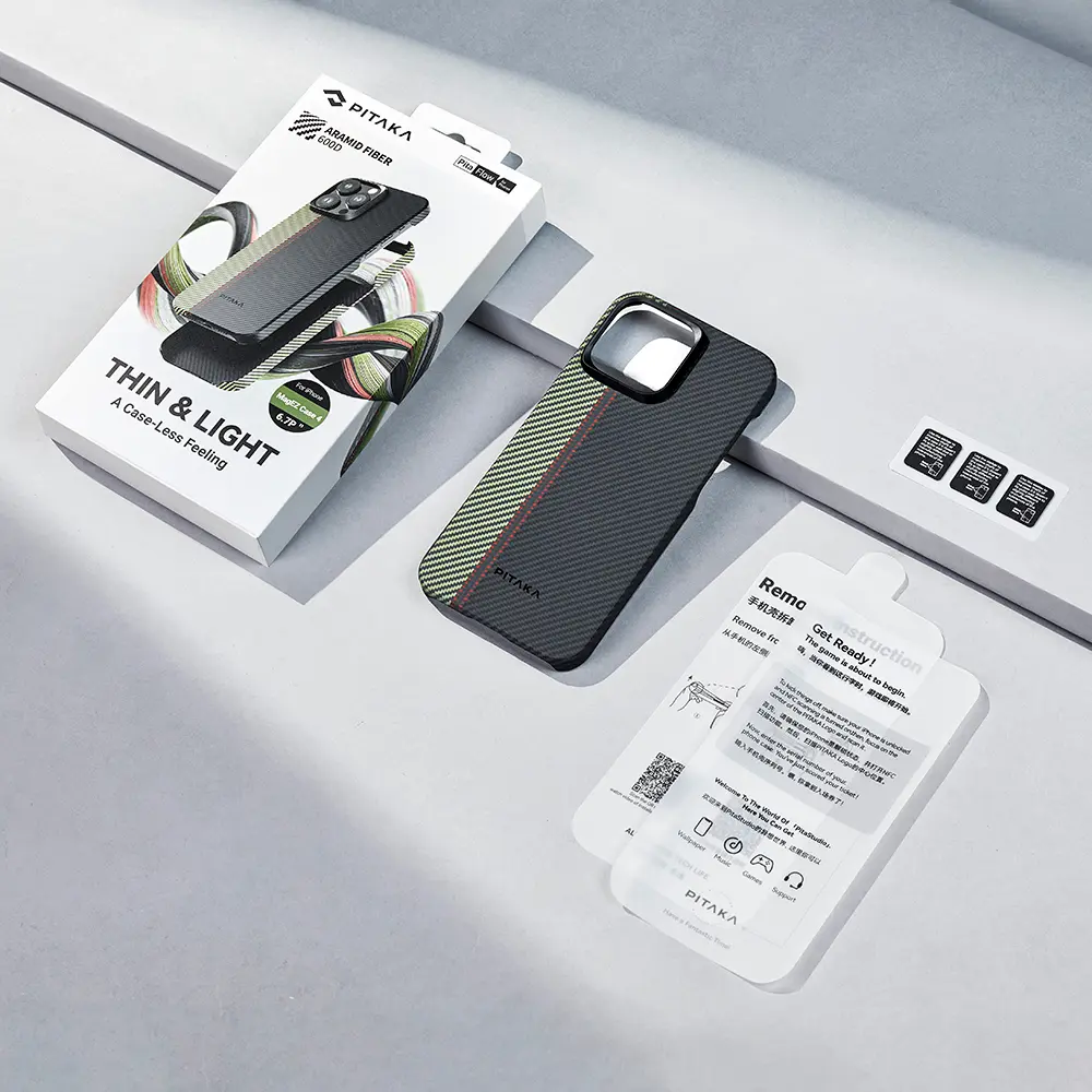 Apple iPhone 15 Pro Max Kılıf M-safe Şarj Özellikli 600D Aramid Karbon Fiber Pitaka Tactile Woven Orchestra Serisi Overture Kapak
