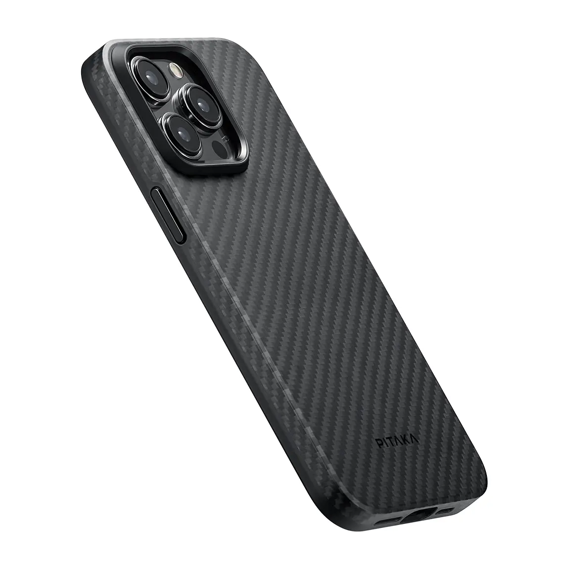 Apple iPhone 15 Pro Max Kılıf M-safe Şarj Özellikli 1500D Aramid Karbon Fiber Pitaka Military-Grade Classic Serisi Black-Grey Twill Kapak