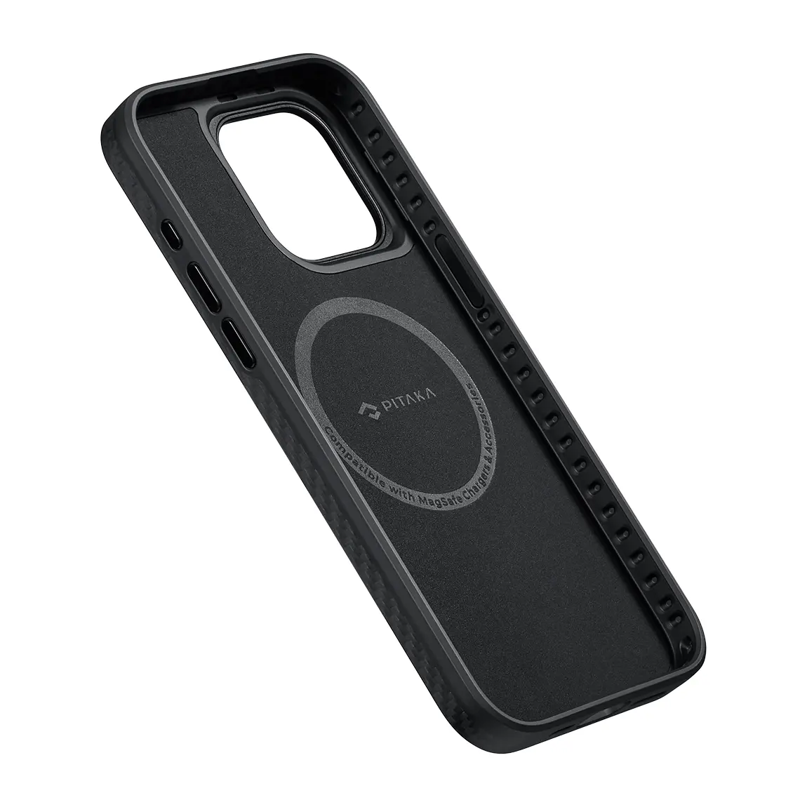 Apple iPhone 15 Pro Max Kılıf M-safe Şarj Özellikli 1500D Aramid Karbon Fiber Pitaka Military-Grade Classic Serisi Black-Grey Twill Kapak