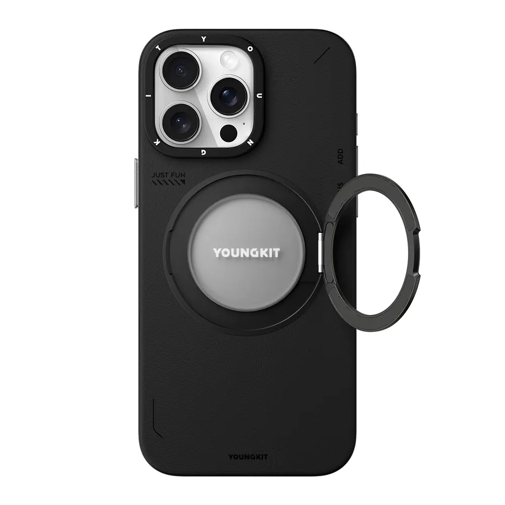 iPhone 15 Pro Max MagSafe Uyumlu 360° Standlı Mat Deri Kılıf - Youngkit Tech Leather
