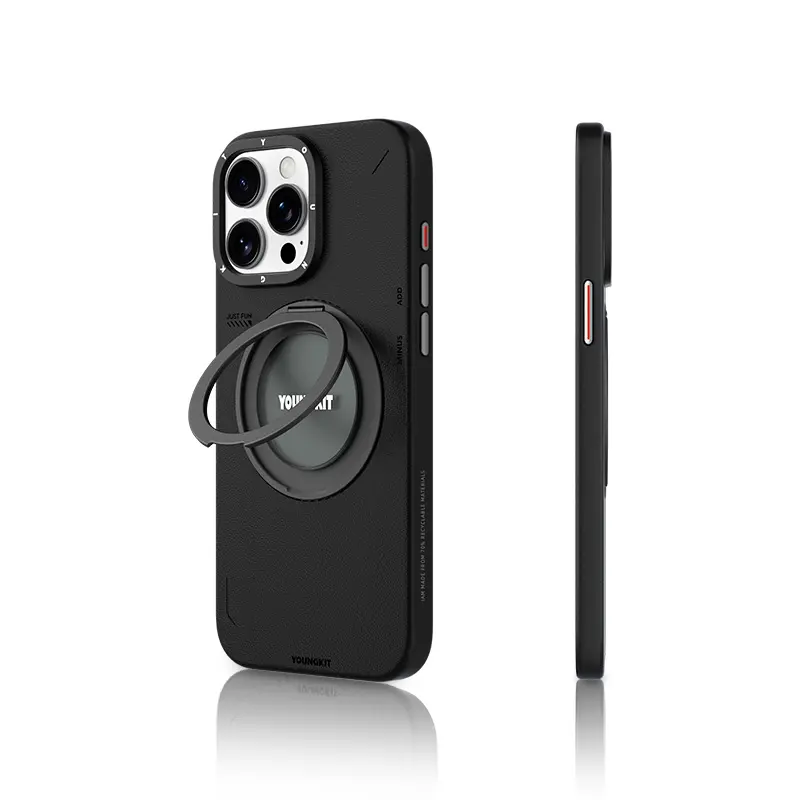 iPhone 15 Pro Max MagSafe Uyumlu 360° Standlı Mat Deri Kılıf - Youngkit Tech Leather