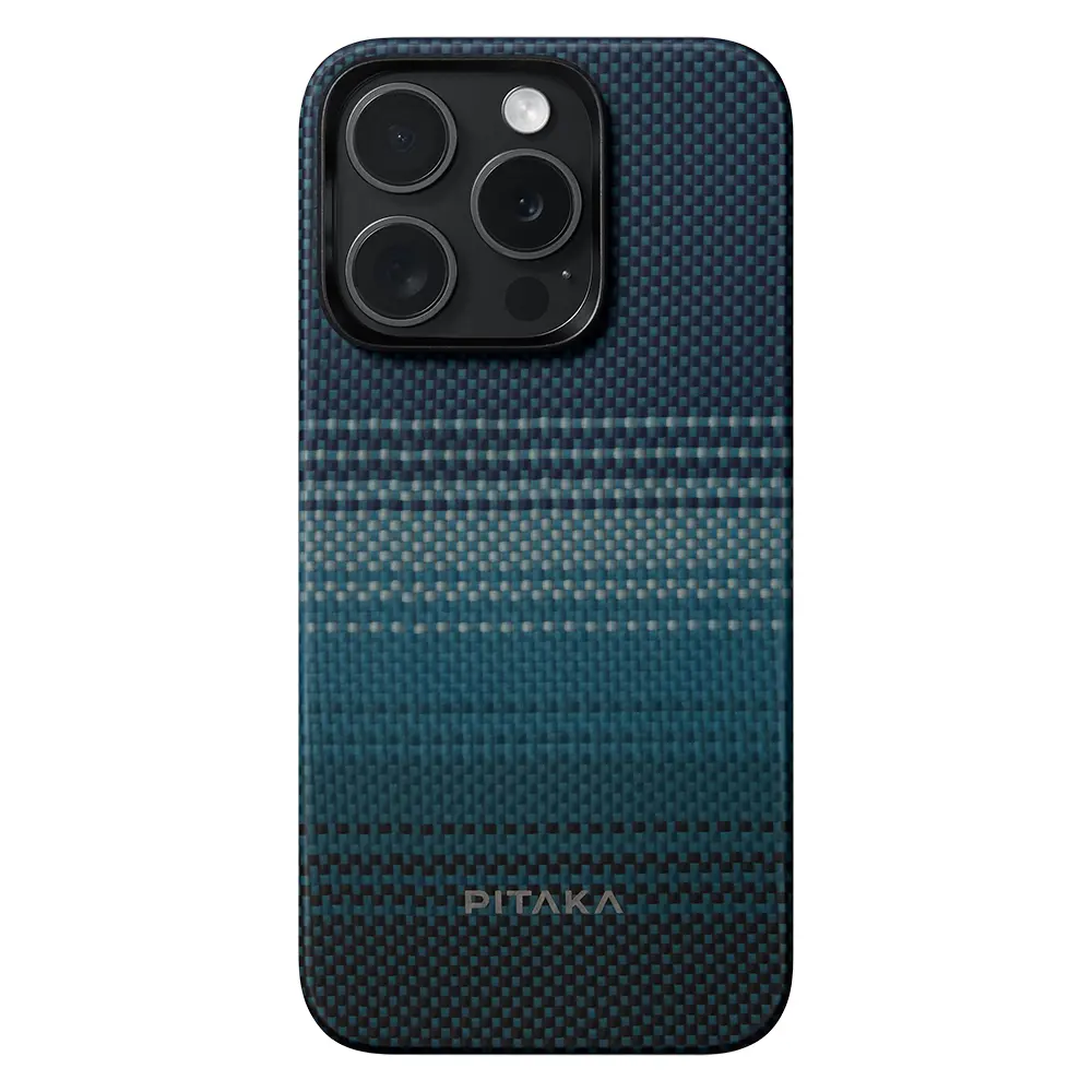 Apple iPhone 15 Pro Max Kılıf M-safe Şarj Özellikli Aramid Karbon Fiber Pitaka Tactile Woven Sunset-Moonrise Serisi Moonrise Kapak