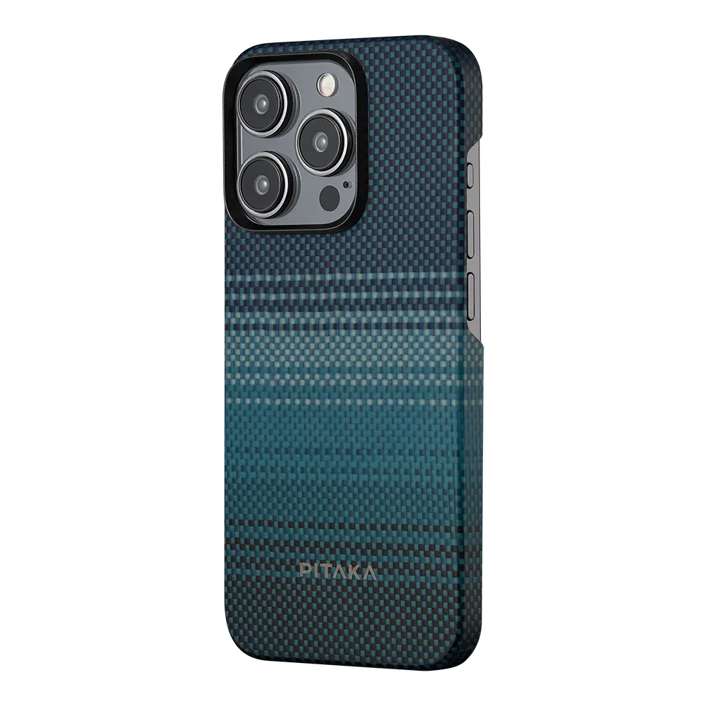Apple iPhone 15 Pro Max Kılıf M-safe Şarj Özellikli Aramid Karbon Fiber Pitaka Tactile Woven Sunset-Moonrise Serisi Moonrise Kapak