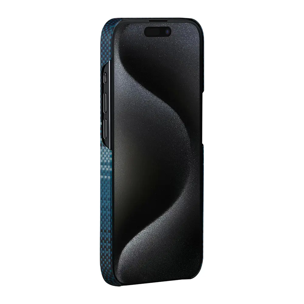 Apple iPhone 15 Pro Max Kılıf M-safe Şarj Özellikli Aramid Karbon Fiber Pitaka Tactile Woven Sunset-Moonrise Serisi Moonrise Kapak