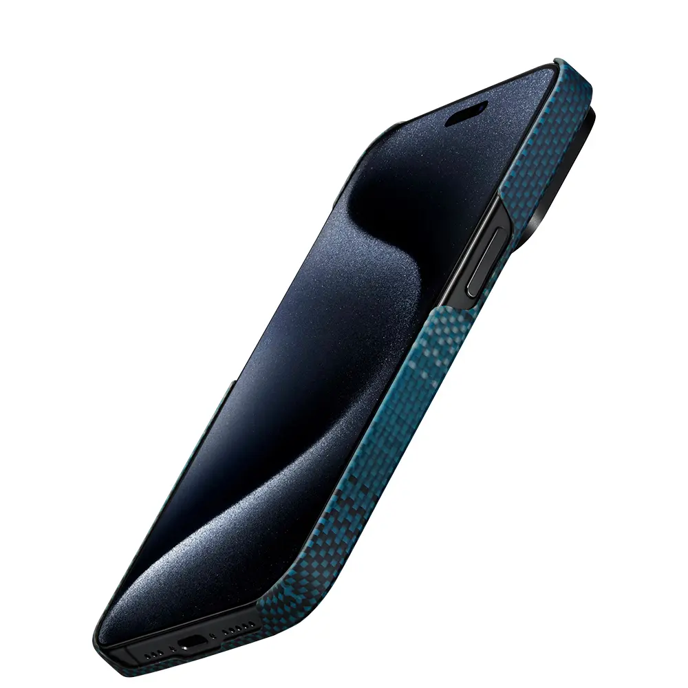 Apple iPhone 15 Pro Max Kılıf M-safe Şarj Özellikli Aramid Karbon Fiber Pitaka Tactile Woven Sunset-Moonrise Serisi Moonrise Kapak