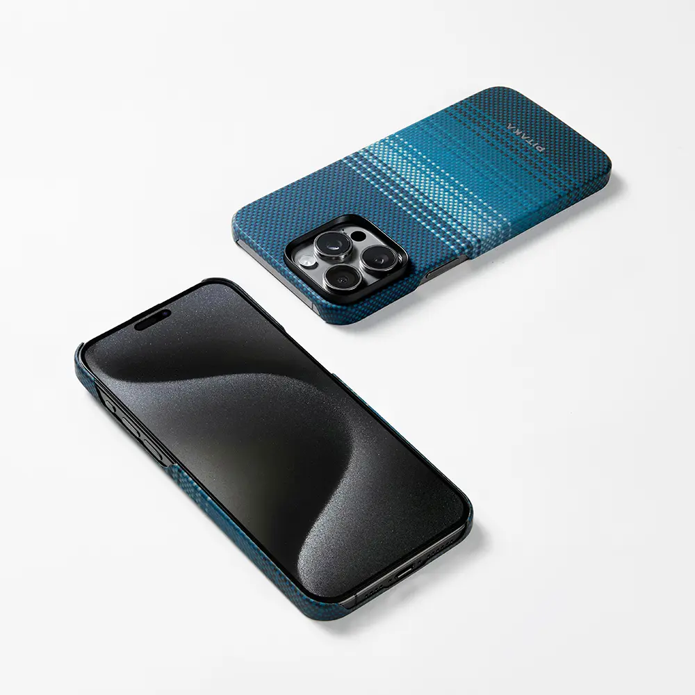 Apple iPhone 15 Pro Max Kılıf M-safe Şarj Özellikli Aramid Karbon Fiber Pitaka Tactile Woven Sunset-Moonrise Serisi Moonrise Kapak