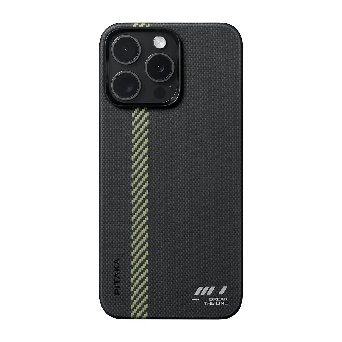 Apple iPhone 15 Pro Max Kılıf M-safe Şarj Özellikli Aramid Karbon Fiber Pitaka Tactile Woven Break The Line Kapak