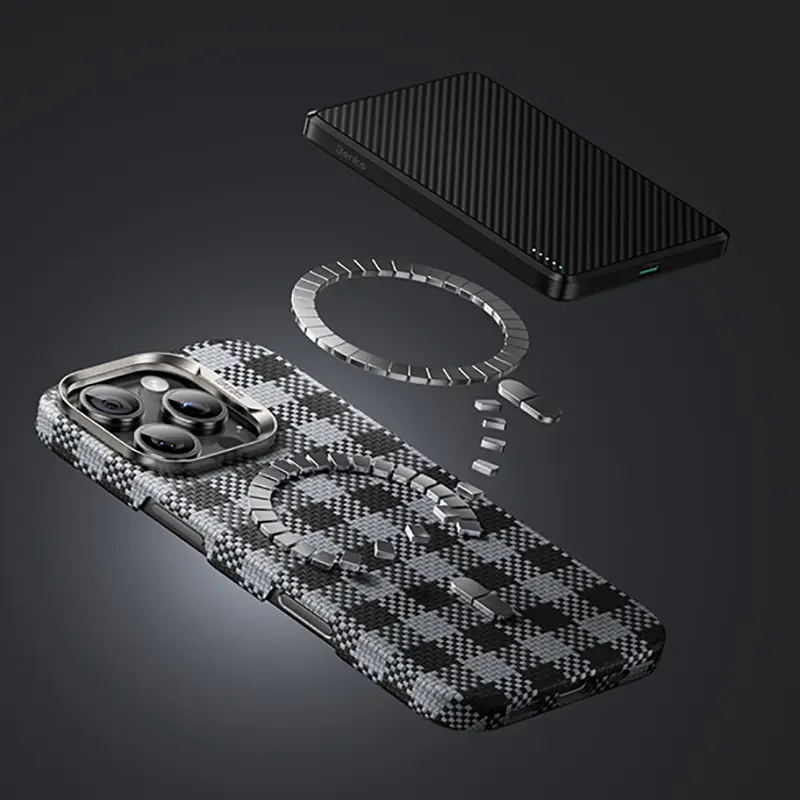 Apple iPhone 15 Pro Max Kılıf M-safe Şarj Özellikli Ekose Tasarımlı Benks ArmorVichy Kevlar Karbon Kapak