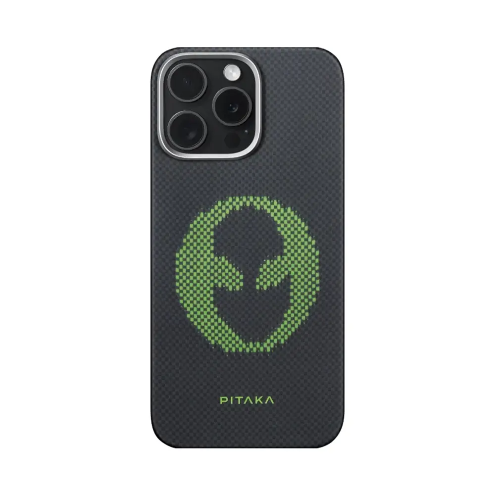 Apple iPhone 15 Pro Max Kılıf M-safe Şarj Özellikli Lumintex Teknolojili Fosforlu Aramid Karbon Fiber Pitaka Tactile Woven Aries Serisi Kapak