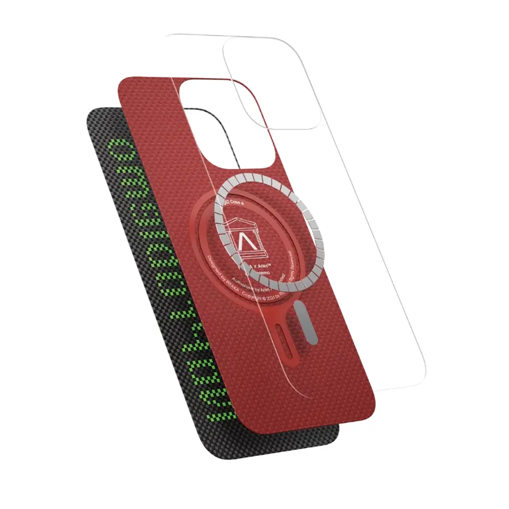 Apple iPhone 15 Pro Max Kılıf M-safe Şarj Özellikli Lumintex Teknolojili Fosforlu Aramid Karbon Fiber Pitaka Tactile Woven Aries Serisi Kapak