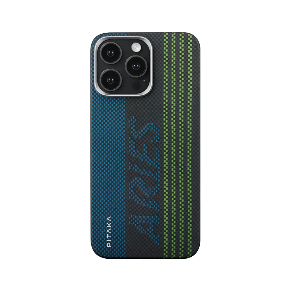 Apple iPhone 15 Pro Max Kılıf M-safe Şarj Özellikli Lumintex Teknolojili Fosforlu Aramid Karbon Fiber Pitaka Tactile Woven Aries Serisi Kapak