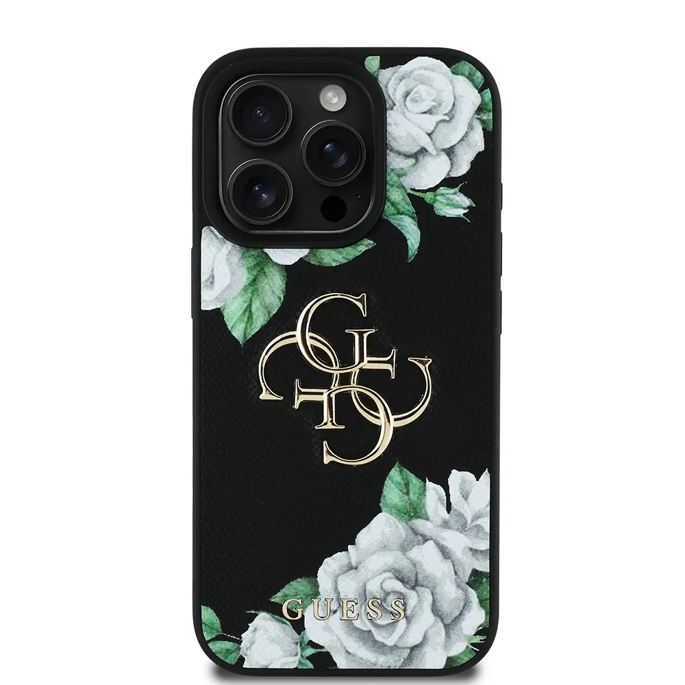 iPhone 15 Pro Max Kılıf, Gül Baskılı Metal Logo - Guess Lisanslı