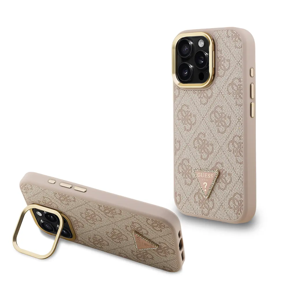 iPhone 15 Pro Max Kamera Standlı PU Deri Kılıf - Guess Taşlı Üçgen Logo