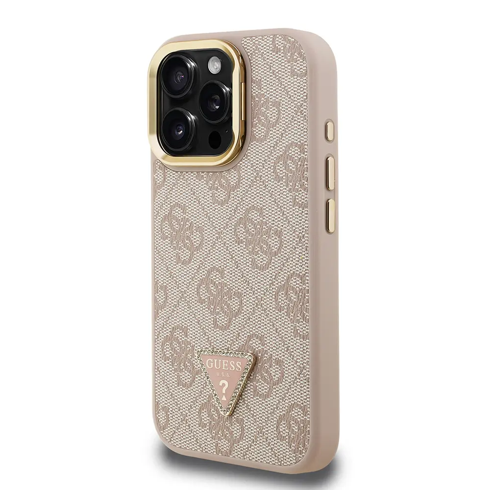 iPhone 15 Pro Max Kamera Standlı PU Deri Kılıf - Guess Taşlı Üçgen Logo