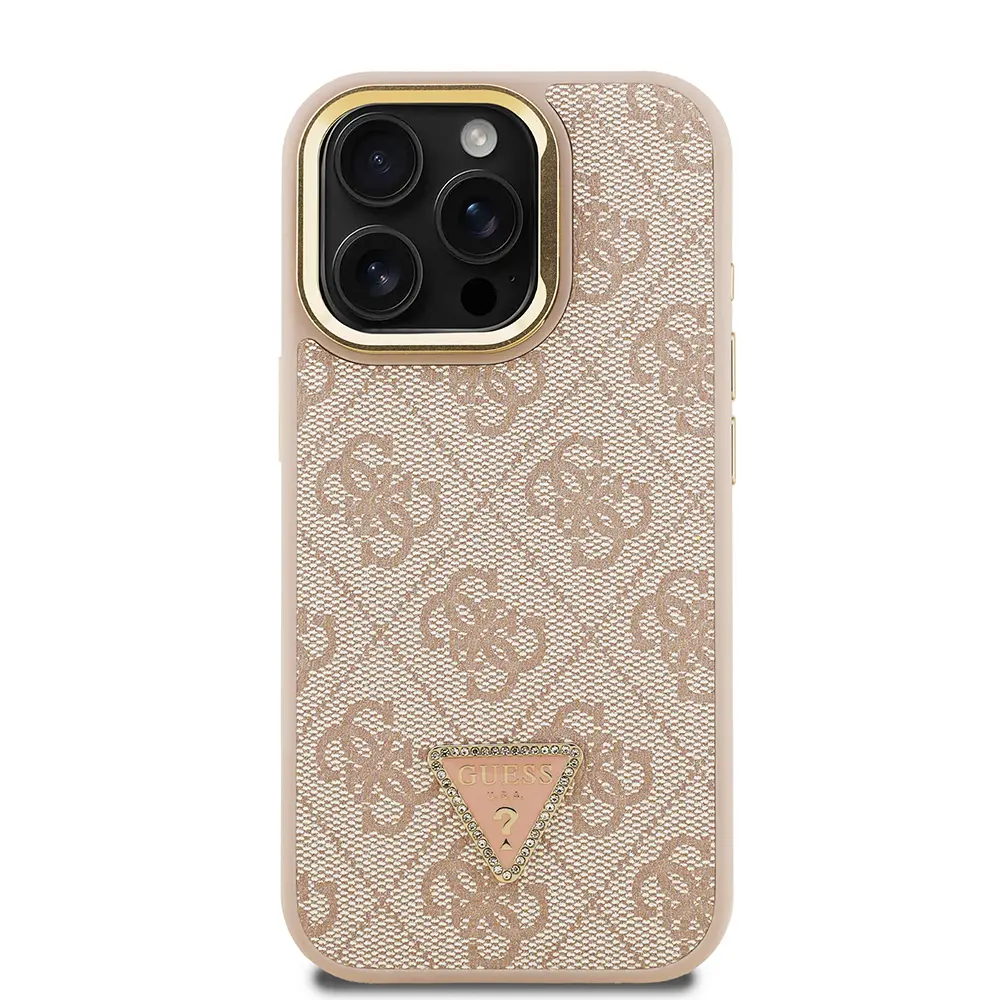 iPhone 15 Pro Max Kamera Standlı PU Deri Kılıf - Guess Taşlı Üçgen Logo
