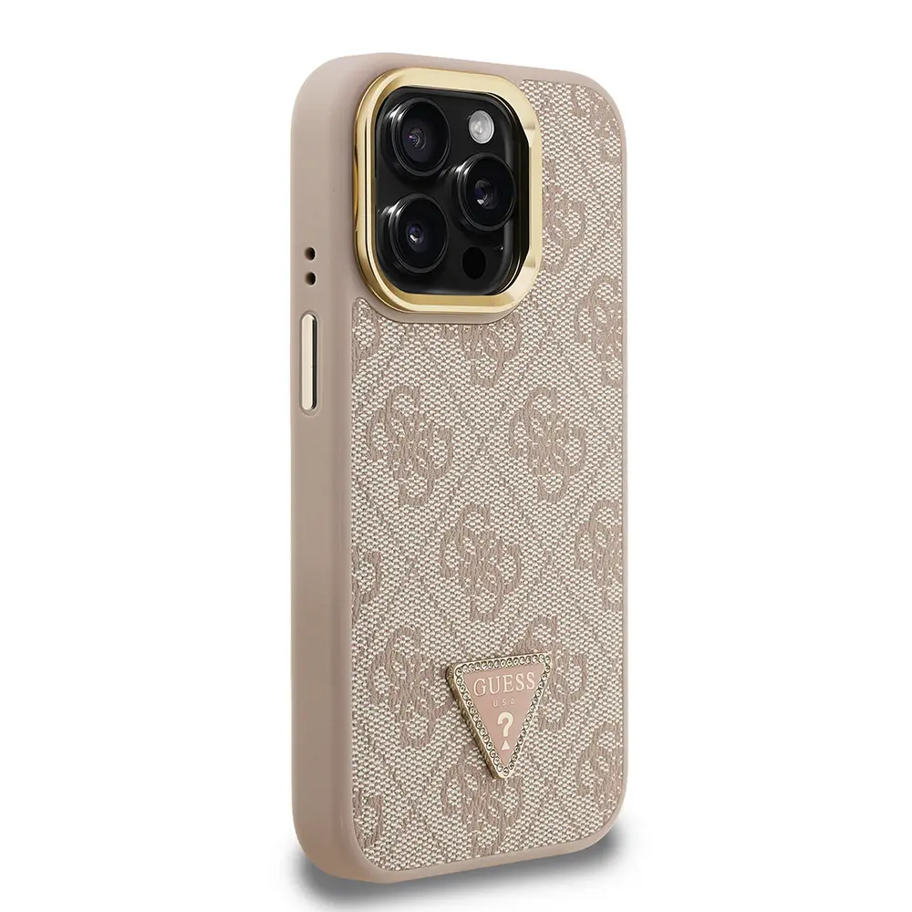 iPhone 15 Pro Max Kamera Standlı PU Deri Kılıf - Guess Taşlı Üçgen Logo