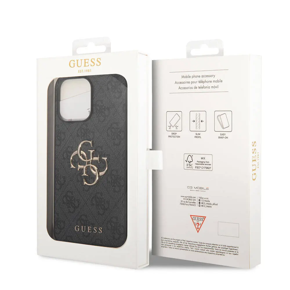 iPhone 15 Pro Max Desenli PU Deri Kılıf - Guess 4G Metal Logo