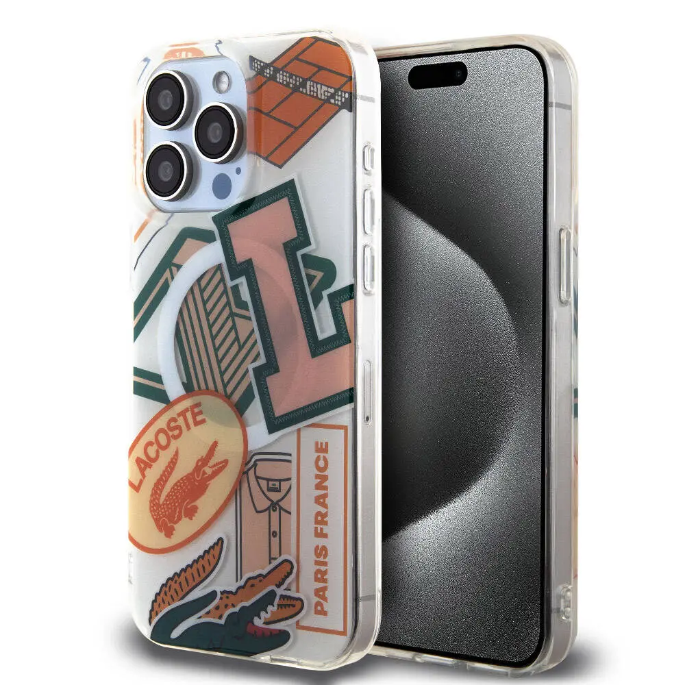 iPhone 15 Pro Max MagSafe Uyumlu Yamalar Desenli Kılıf - Lacoste
