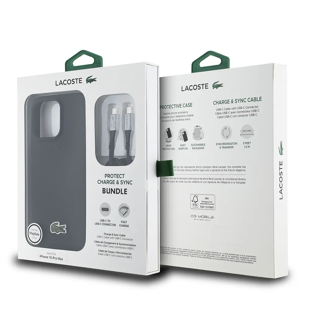 iPhone 15 Pro Max Lacoste Lisanslı PU Pike Desenli Kılıf + Type-C Kablo