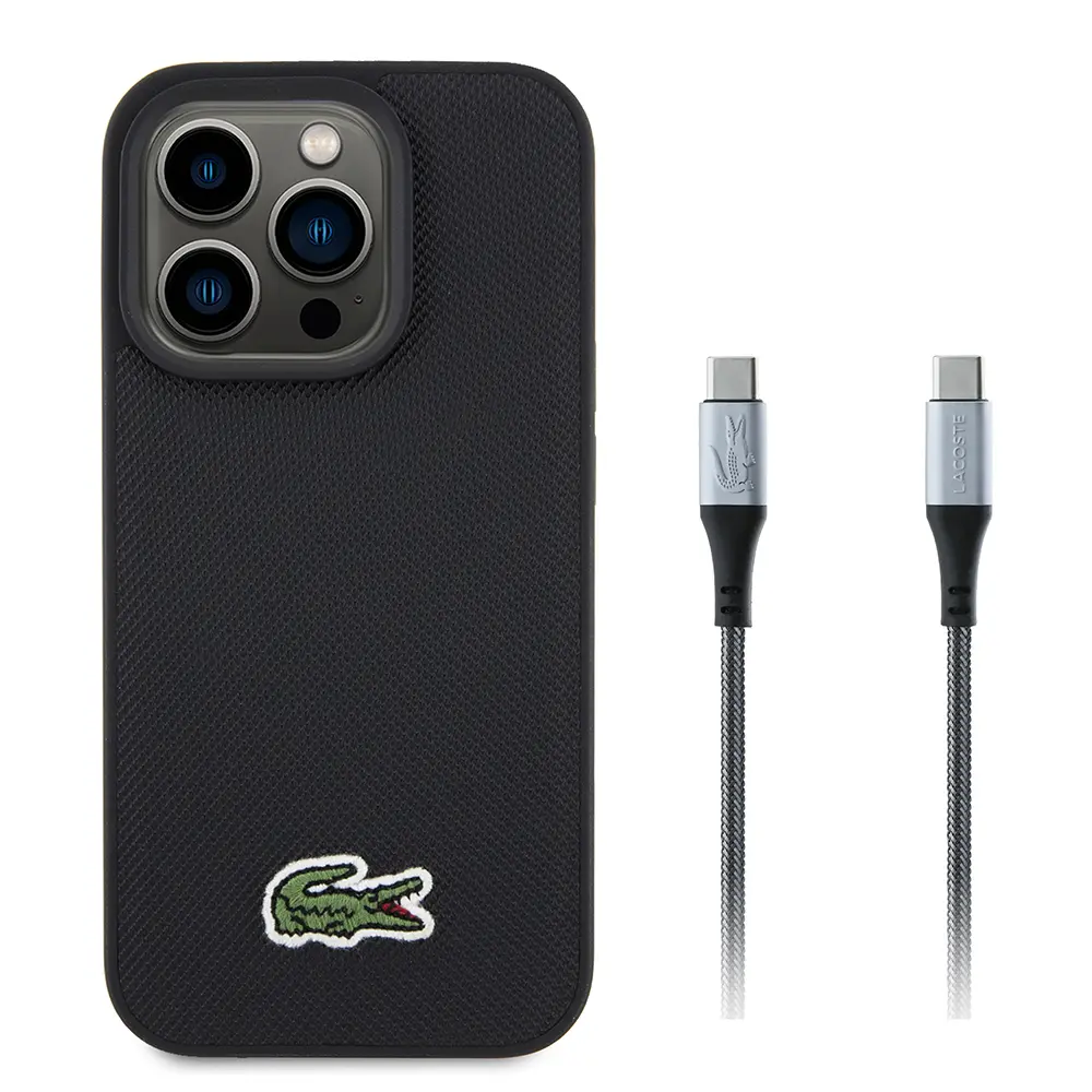 iPhone 15 Pro Max Lacoste Lisanslı PU Pike Desenli Kılıf + Type-C Kablo