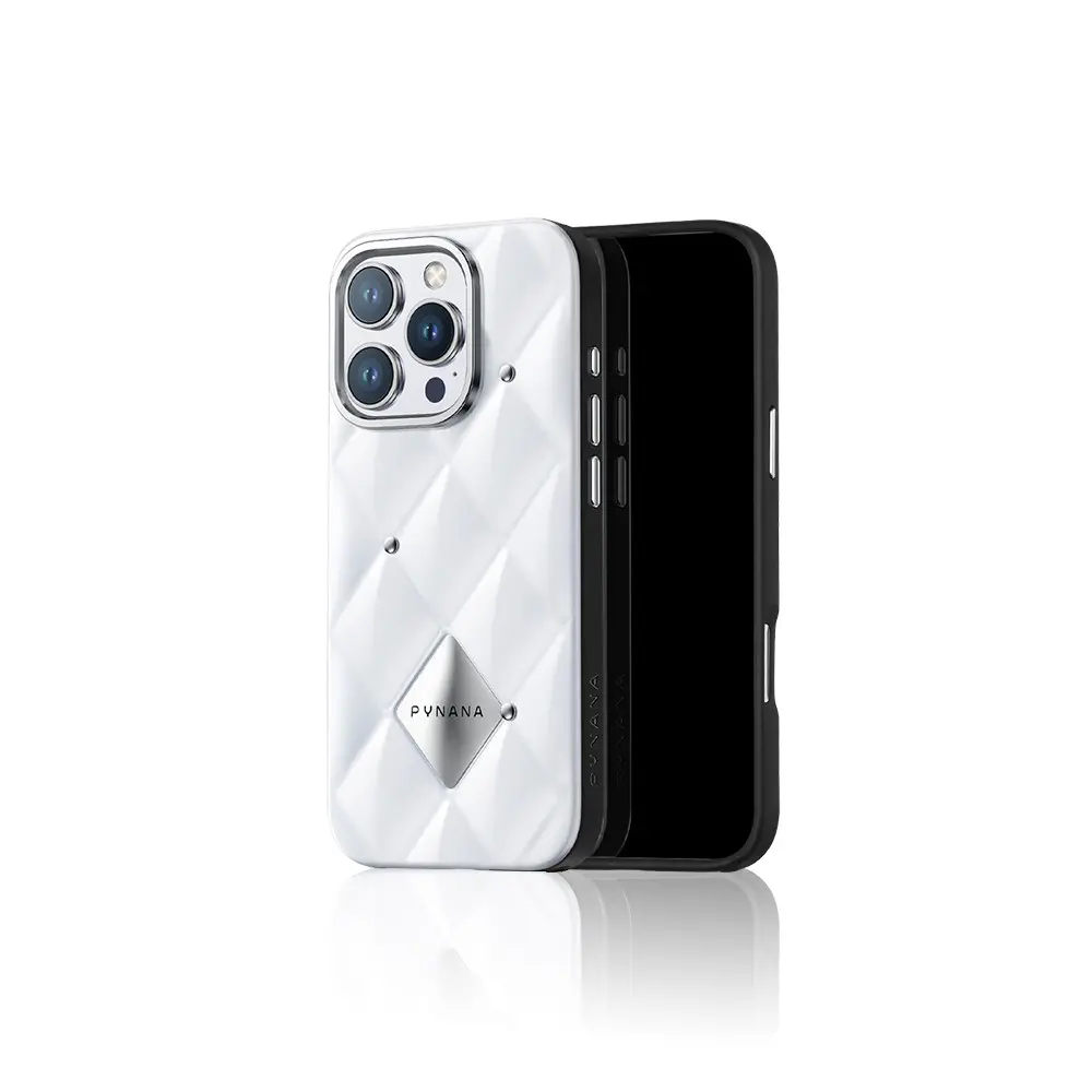 iPhone 15 Pro Max Parlak Arka Yüzeyli Kabartma Kapitone Kılıf - Pynana Metal Diamond
