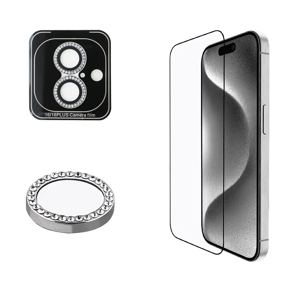 iPhone 16 Uyumlu Ekran ve Lens Koruyucu Seti - Guess Rhinestone