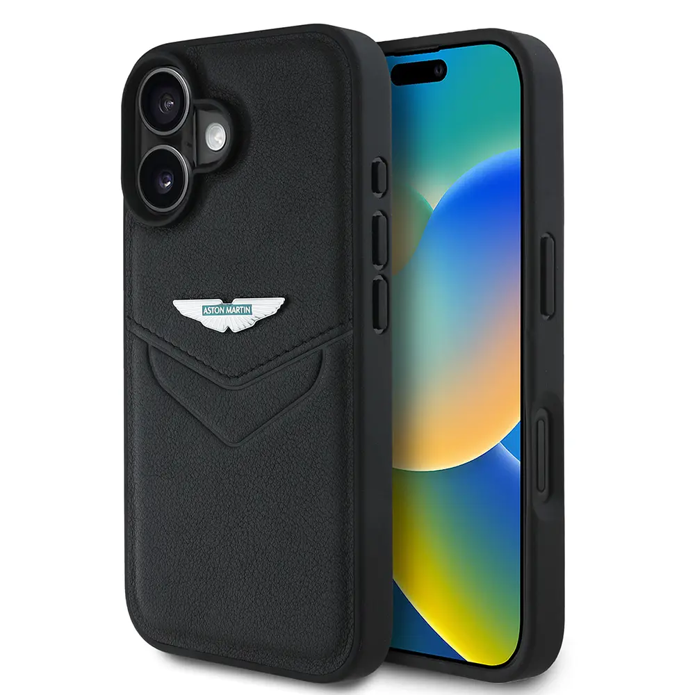 iPhone 16 PU Deri Metal Logolu Kılıf - Aston Martin Victory