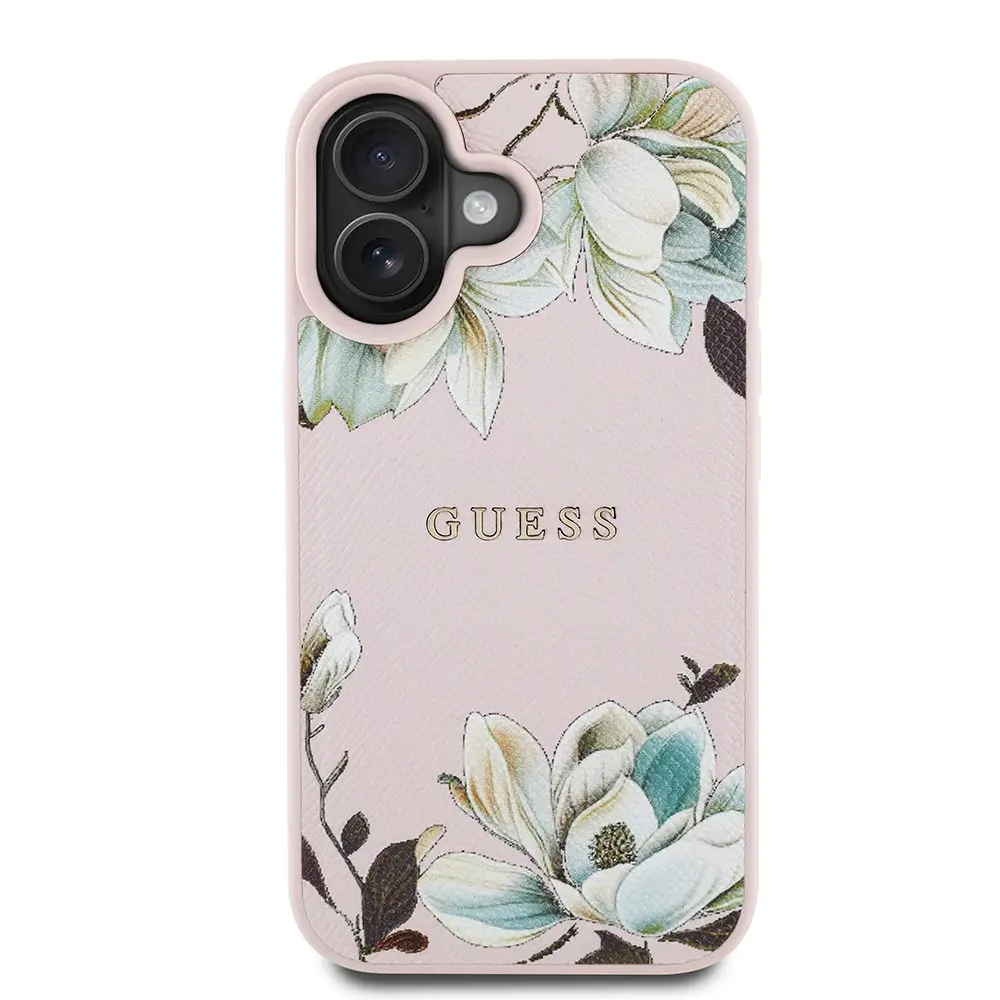 Apple iPhone 16 Kılıf Guess Orjinal Lisanslı M-safe Şarj Özellikli Taneli Çiçek Tasarımlı Metal Yazı Logolu Kapak